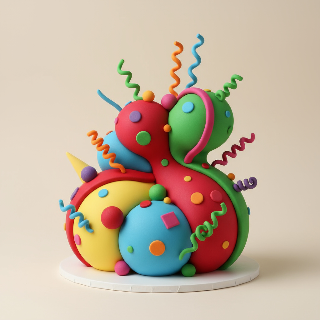Playful themed novelty birthday cake with colorful fondant accents