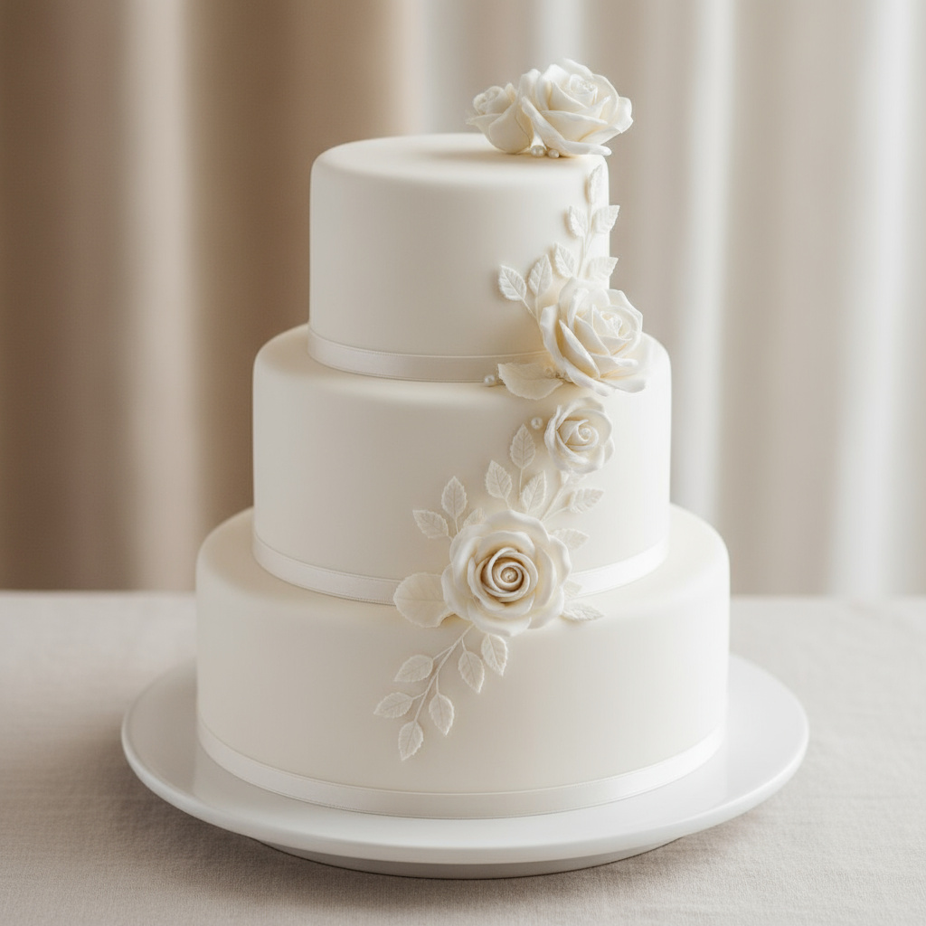 Elegant white tiered wedding cake with simple floral decorations