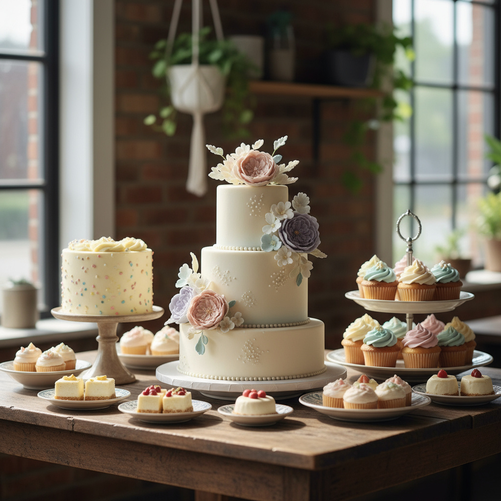 Artisan cakes display: tiered wedding cake, birthday cake, cupcakes and petit fours